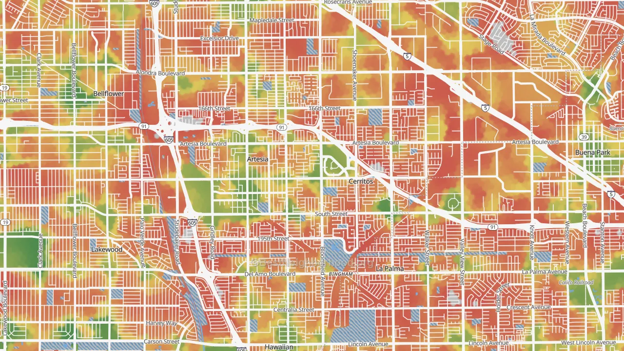 Walk Grade map of Cerritos, CA, walkable areas in green and car-dependent areas in red
