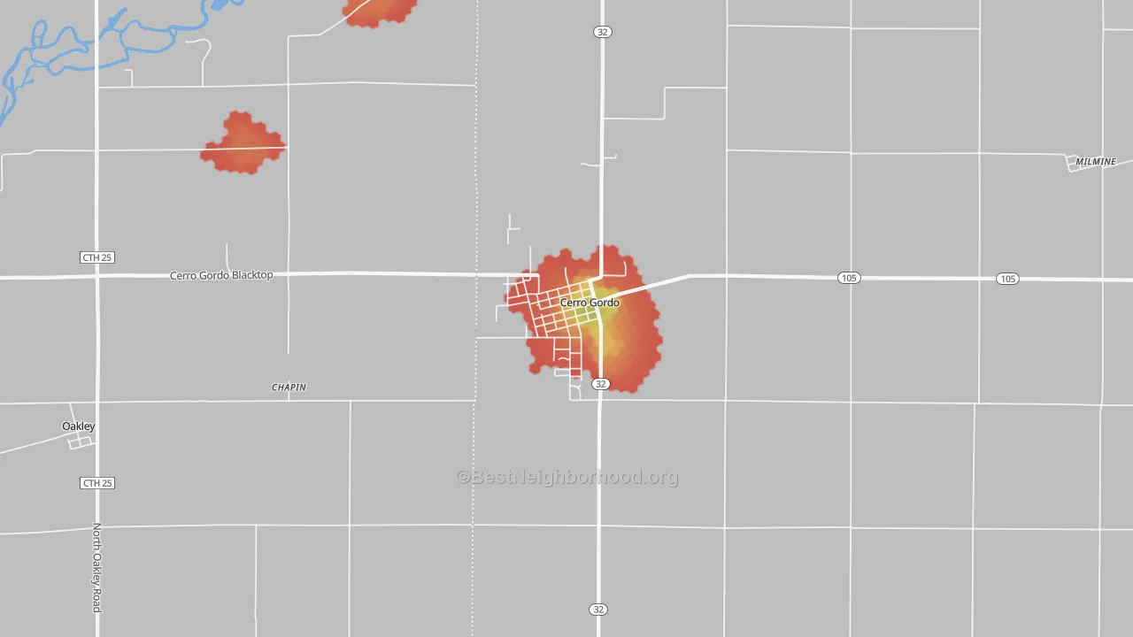 Walk Grade map of Cerro Gordo, IL, walkable areas in green and car-dependent areas in red