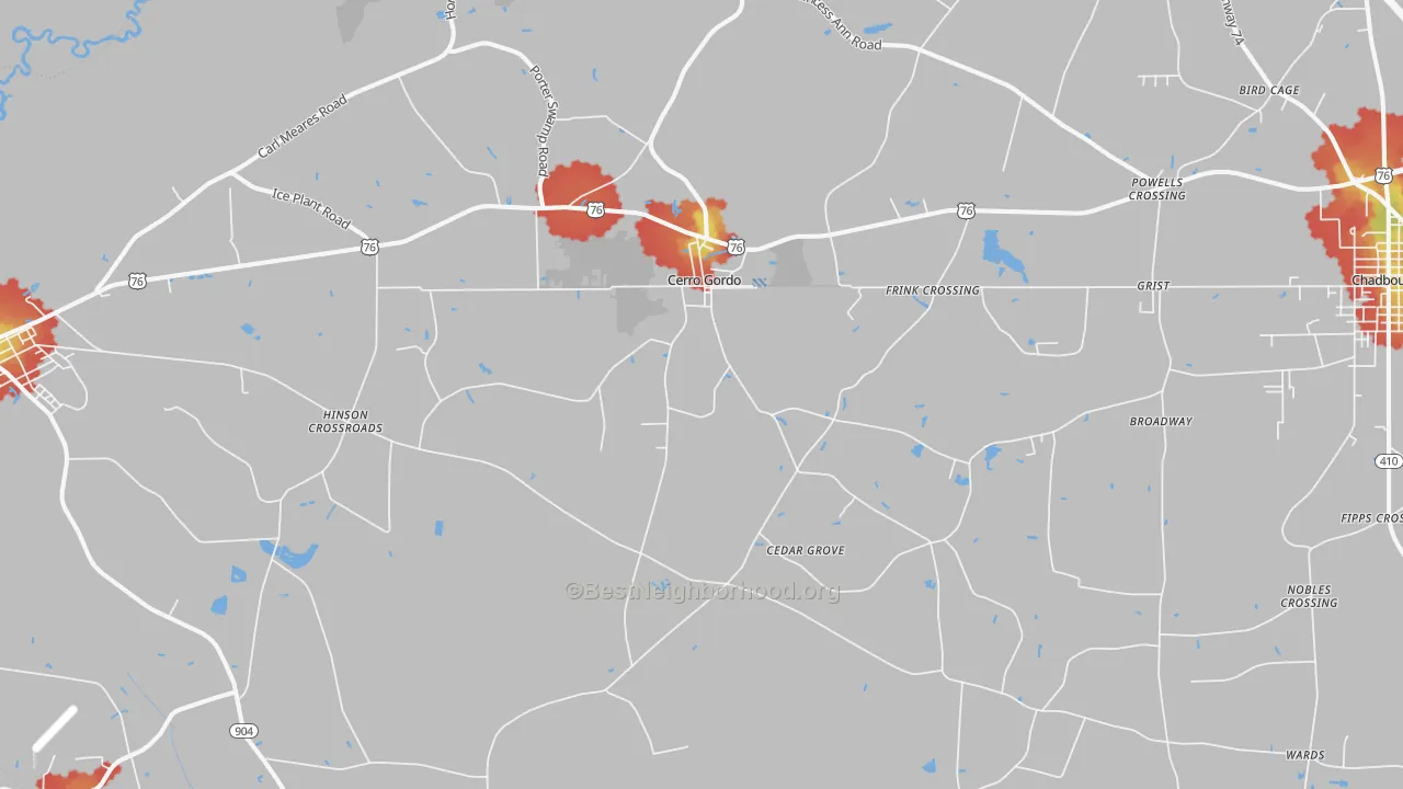 Walk Grade map of Cerro Gordo, NC, walkable areas in green and car-dependent areas in red