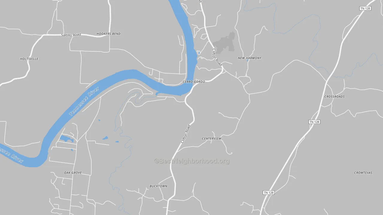 Walk Grade map of Cerro Gordo, TN, walkable areas in green and car-dependent areas in red