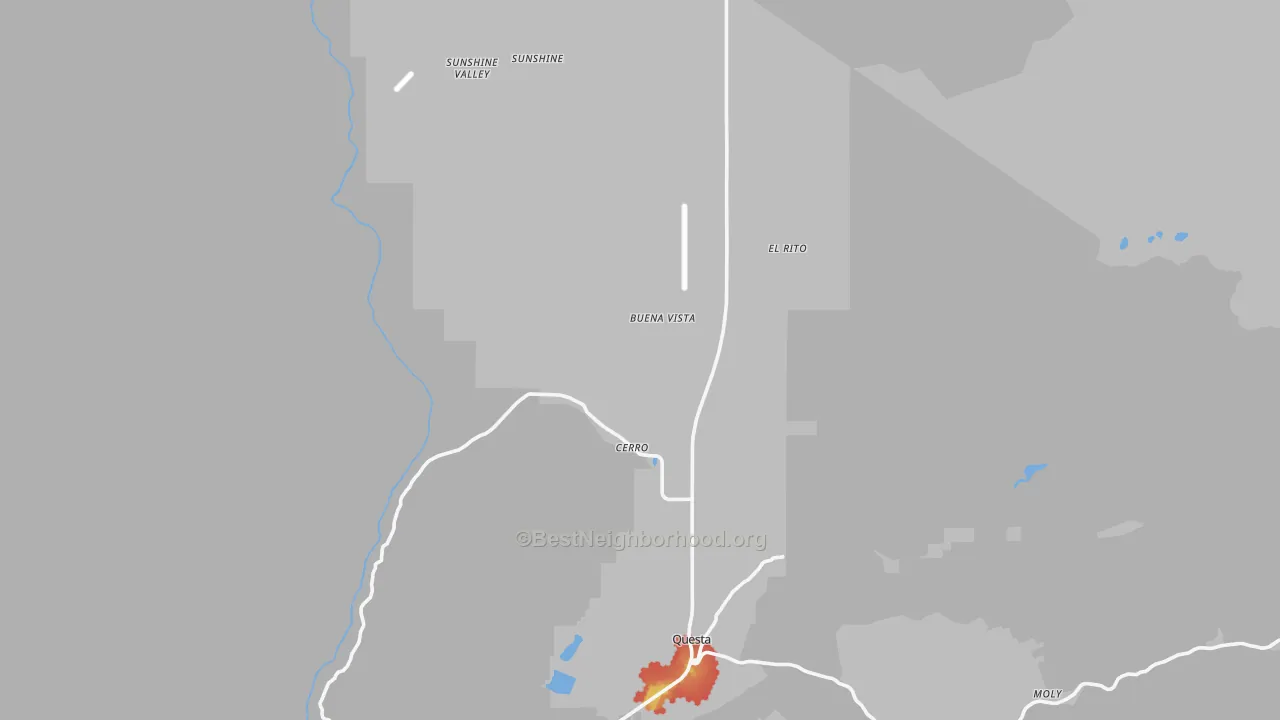 Walk Grade map of Cerro, NM, walkable areas in green and car-dependent areas in red