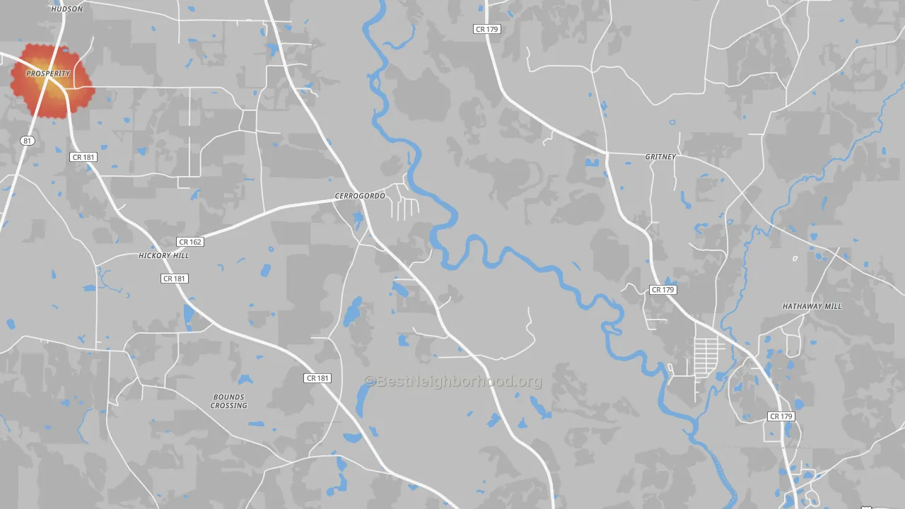 Walk Grade map of Cerrogordo, FL, walkable areas in green and car-dependent areas in red