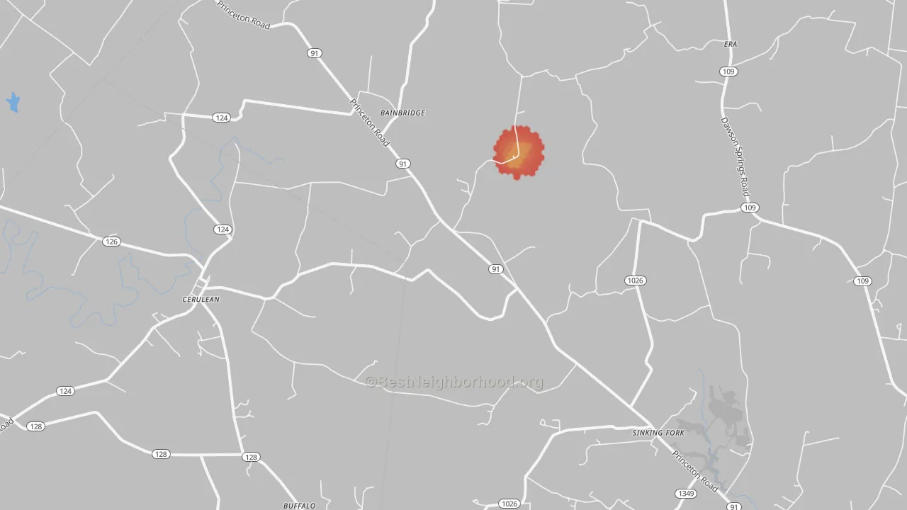 Walk Grade map of Cerulean, KY, walkable areas in green and car-dependent areas in red