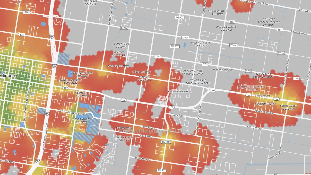 Walk Grade map of Cesar Chavez, TX, walkable areas in green and car-dependent areas in red