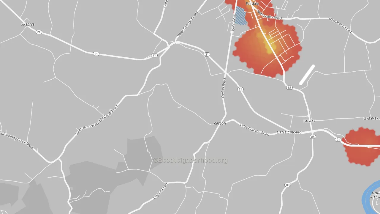Walk Grade map of Ceylon, PA, walkable areas in green and car-dependent areas in red