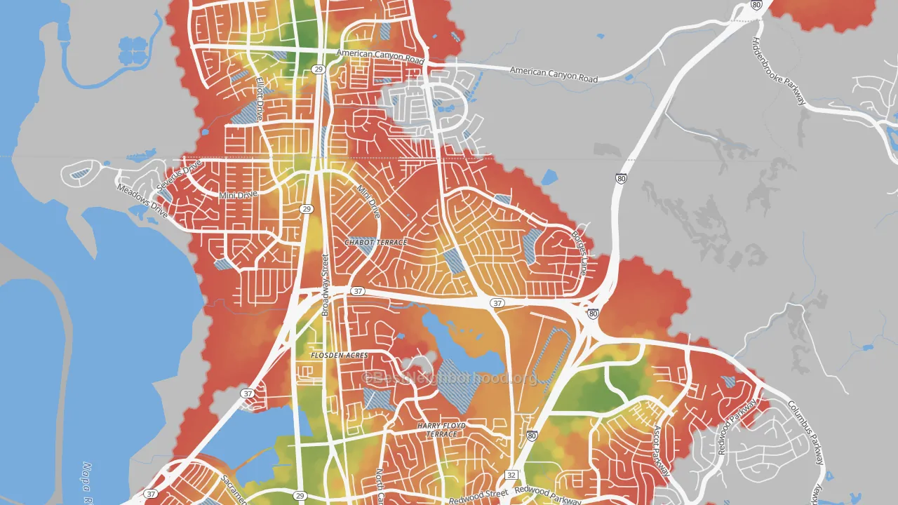 Walk Grade map of Chabot Terrace, Vallejo, CA, walkable areas in green and car-dependent areas in red