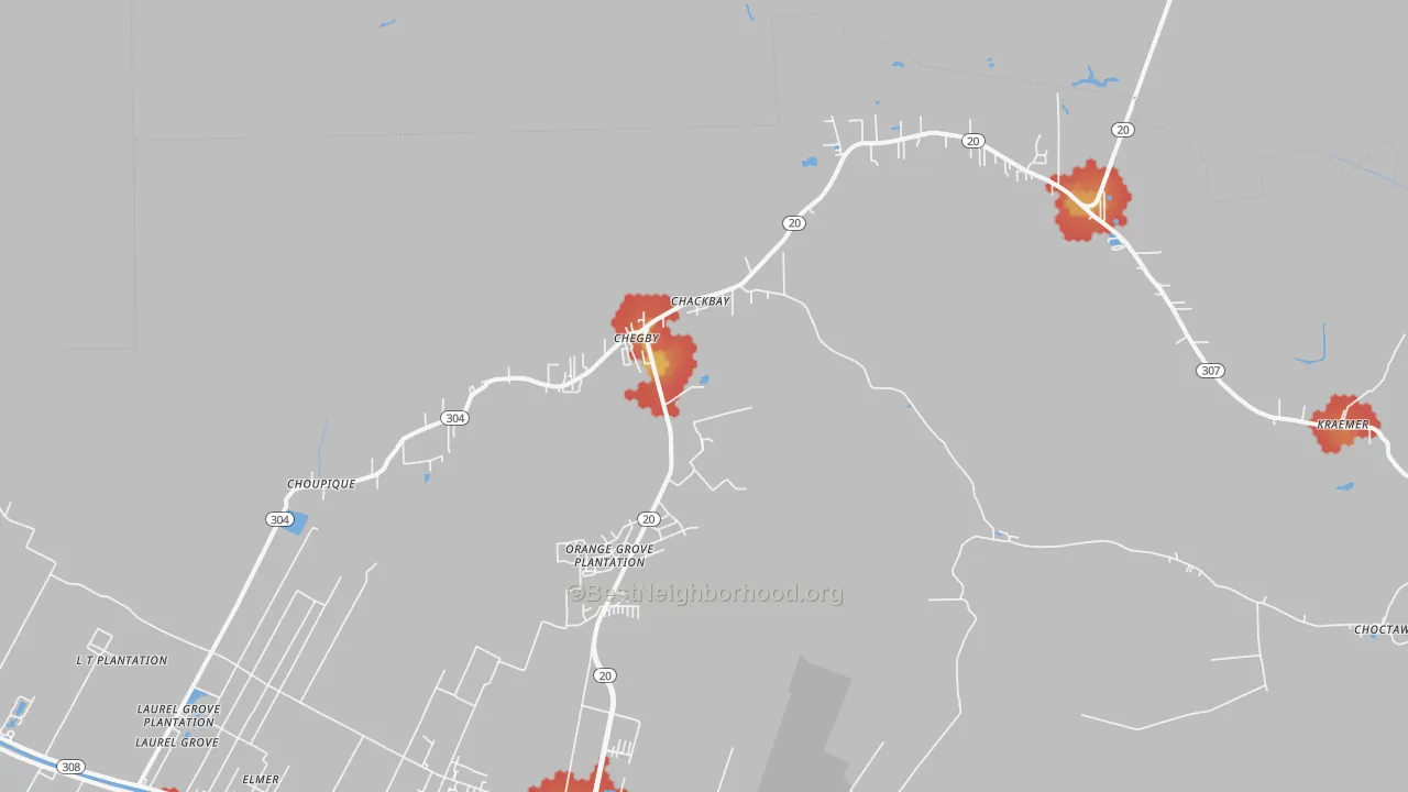 Walk Grade map of Chackbay, LA, walkable areas in green and car-dependent areas in red
