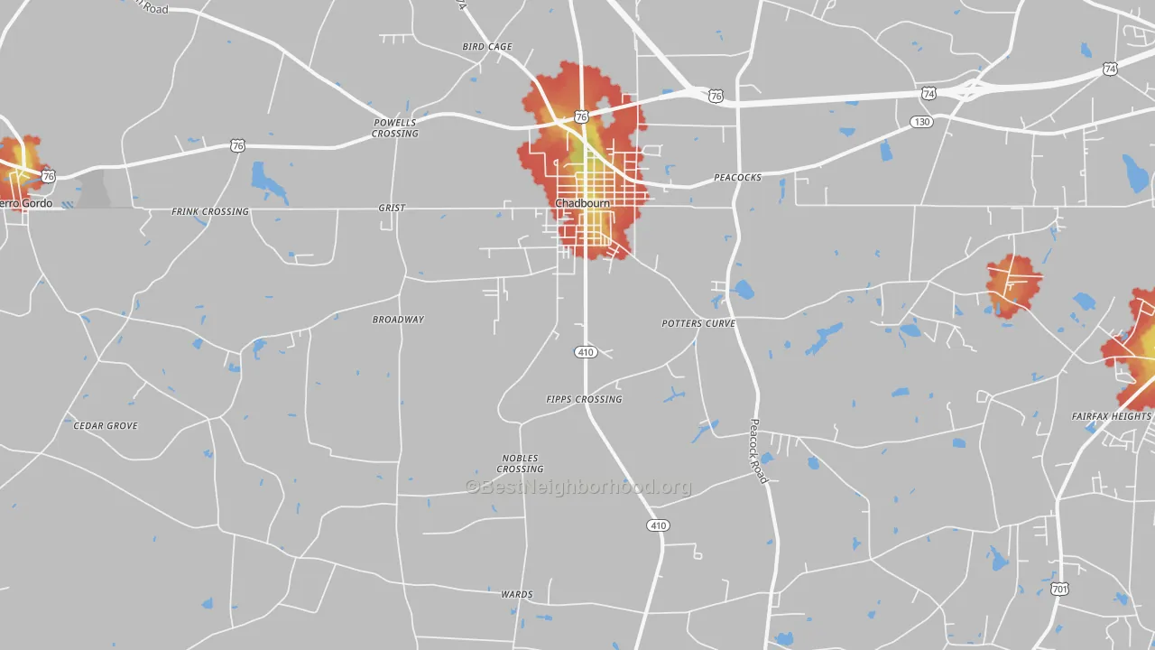 Walk Grade map of Chadbourn, NC, walkable areas in green and car-dependent areas in red