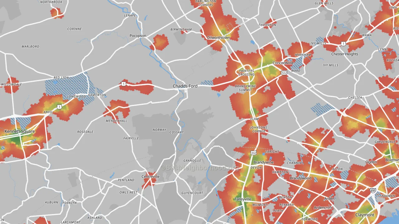 Walk Grade map of Chadds Ford, PA, walkable areas in green and car-dependent areas in red