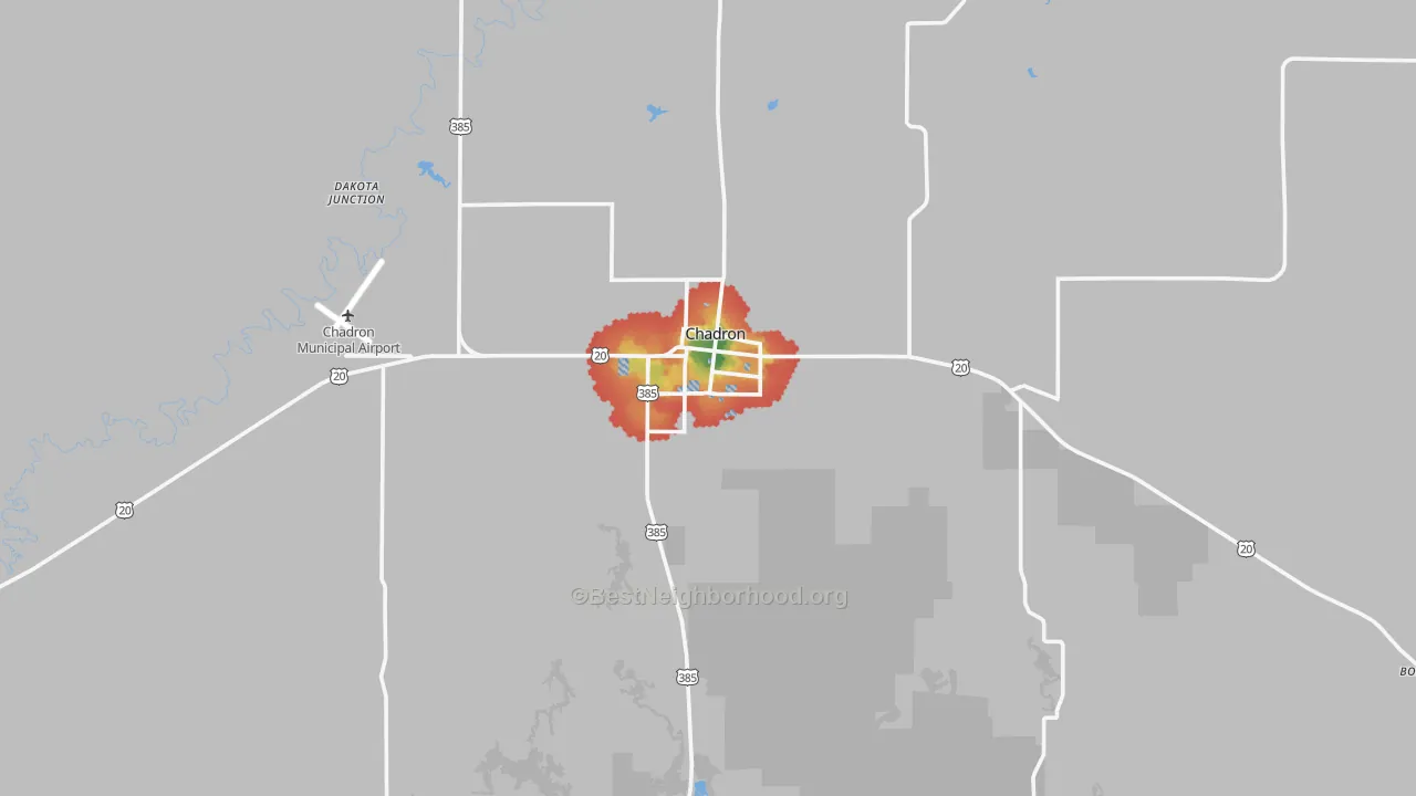 Walk Grade map of Chadron, NE, walkable areas in green and car-dependent areas in red