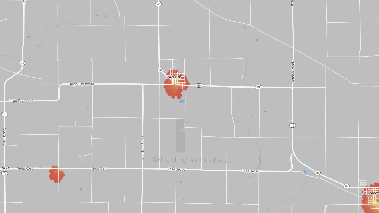 Walk Grade map of Chadwick, IL, walkable areas in green and car-dependent areas in red
