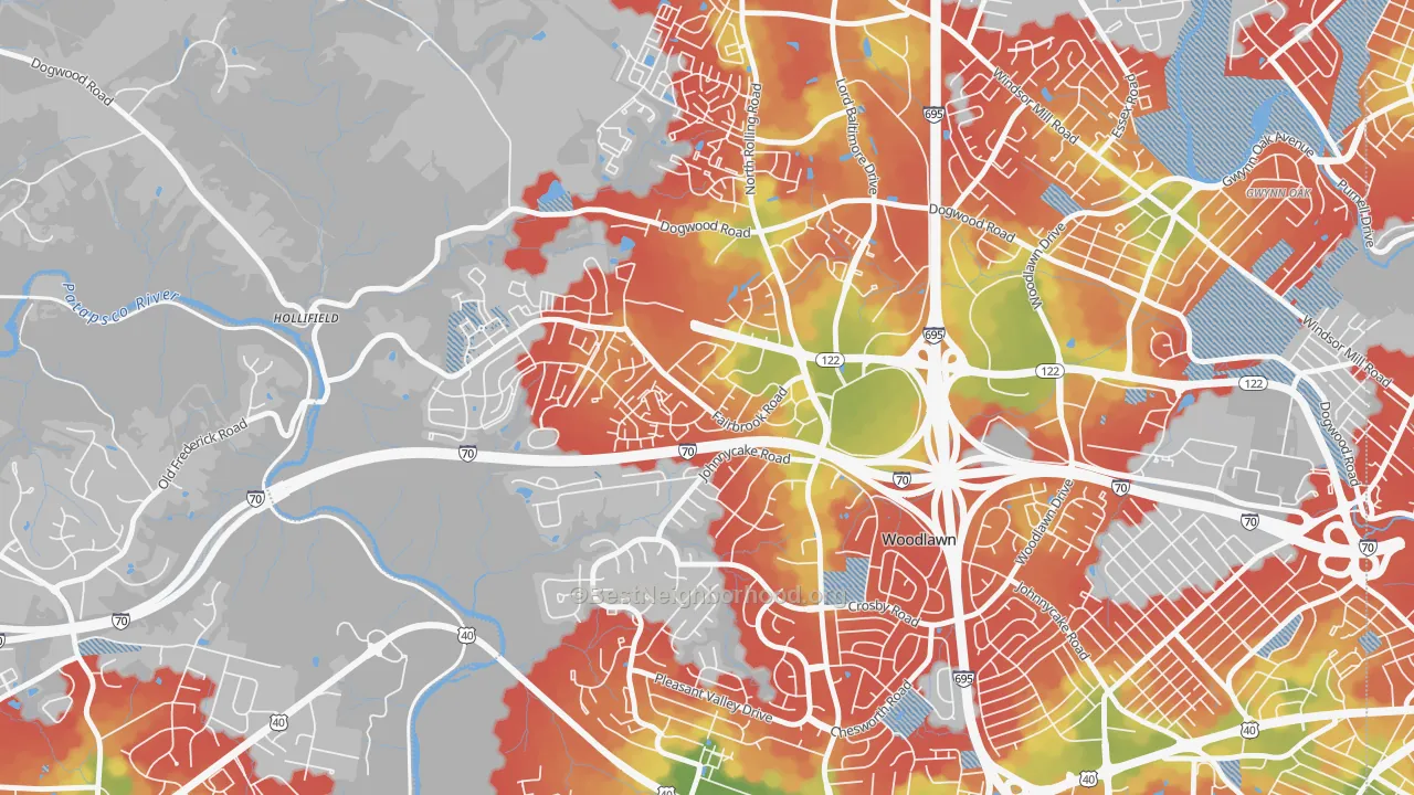 Walk Grade map of Chadwick Manor, Woodlawn, MD, walkable areas in green and car-dependent areas in red