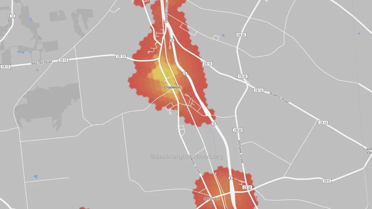 Walk Grade map of Chadwicks, NY, walkable areas in green and car-dependent areas in red