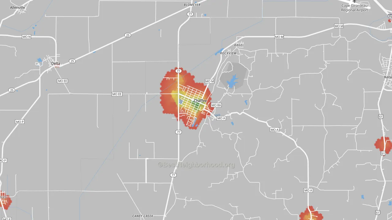 Walk Grade map of Chaffee, MO, walkable areas in green and car-dependent areas in red