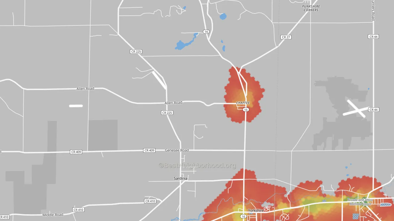 Walk Grade map of Chaffee, NY, walkable areas in green and car-dependent areas in red