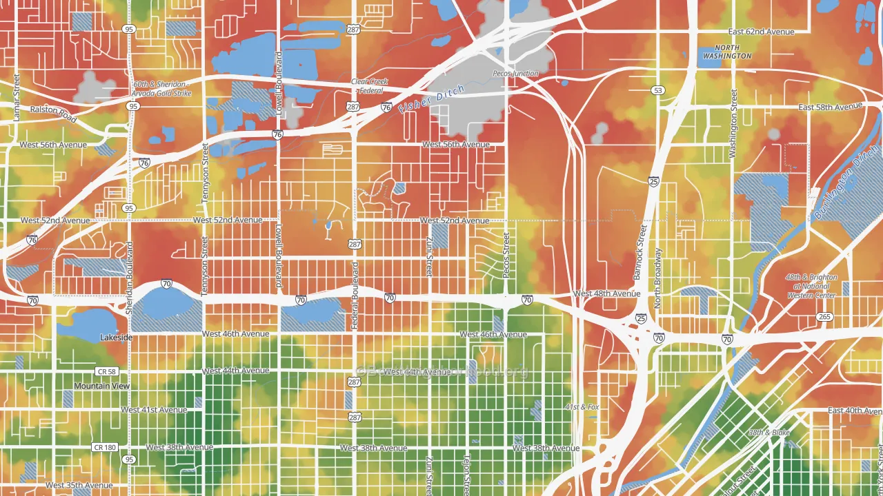 Walk Grade map of Chaffee Park, Denver, CO, walkable areas in green and car-dependent areas in red