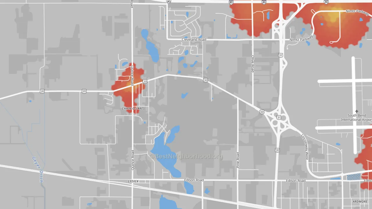 Walk Grade map of Chain-O-Lakes, IN, walkable areas in green and car-dependent areas in red