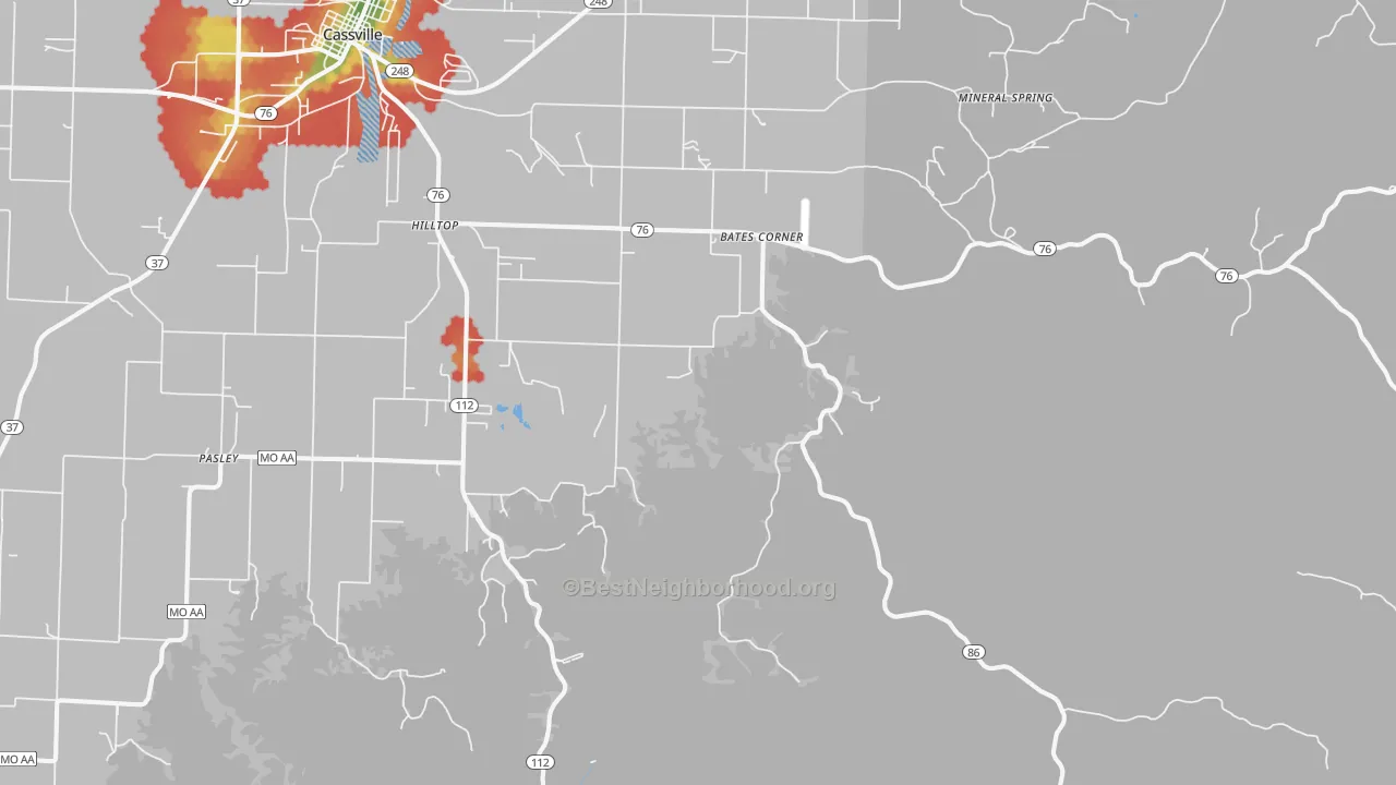 Walk Grade map of Chain-O-Lakes, MO, walkable areas in green and car-dependent areas in red