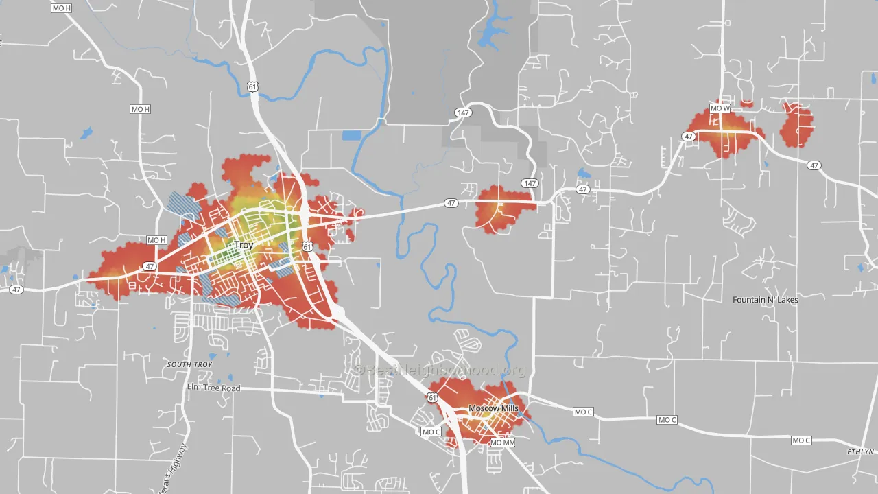 Walk Grade map of Chain of Rocks, MO, walkable areas in green and car-dependent areas in red
