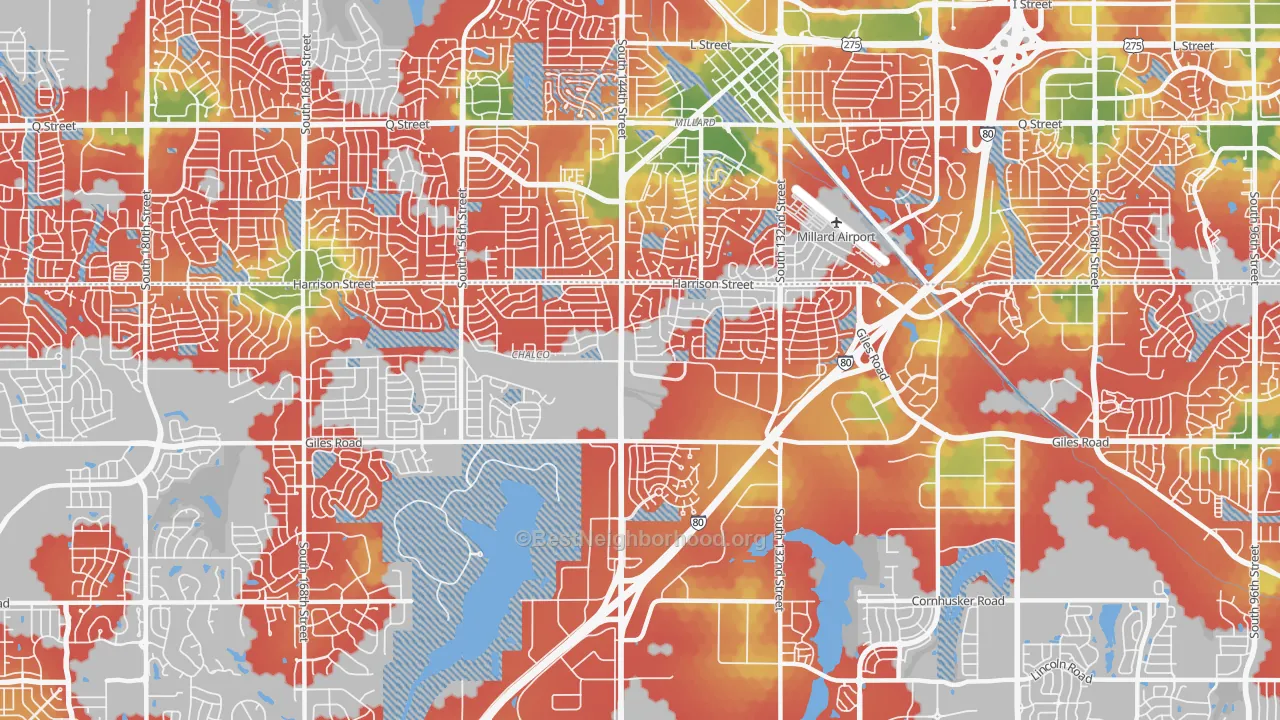 Walk Grade map of Chalco, NE, walkable areas in green and car-dependent areas in red