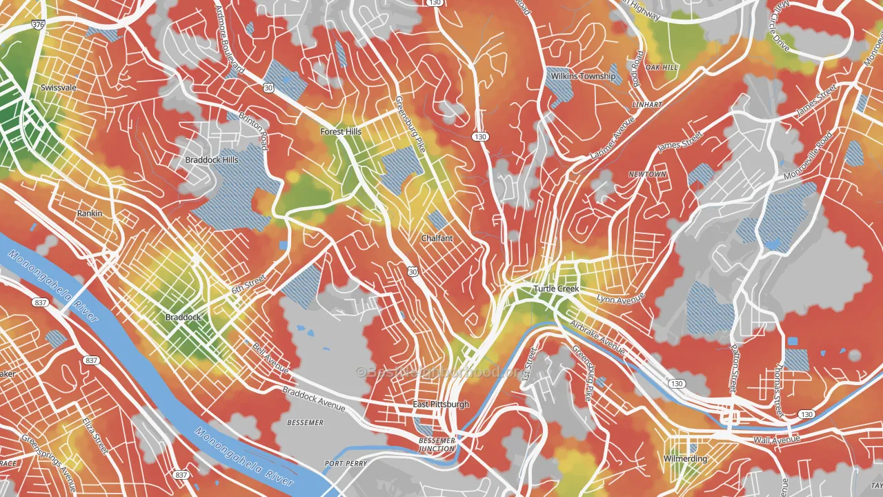 Walk Grade map of Chalfant, PA, walkable areas in green and car-dependent areas in red
