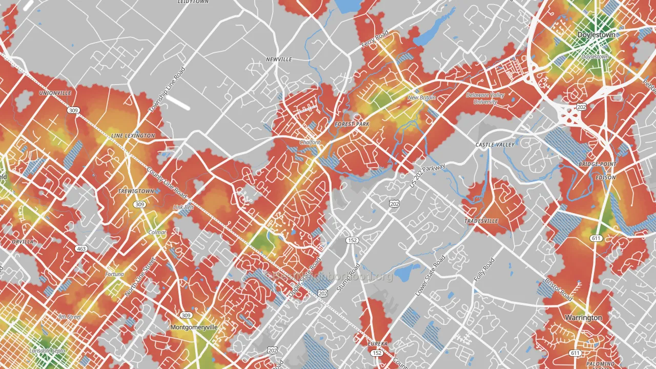 Walk Grade map of Chalfont, PA, walkable areas in green and car-dependent areas in red