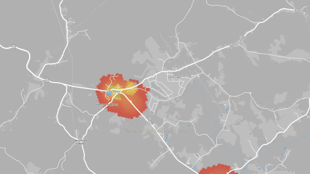 Walk Grade map of Chalkhill, PA, walkable areas in green and car-dependent areas in red