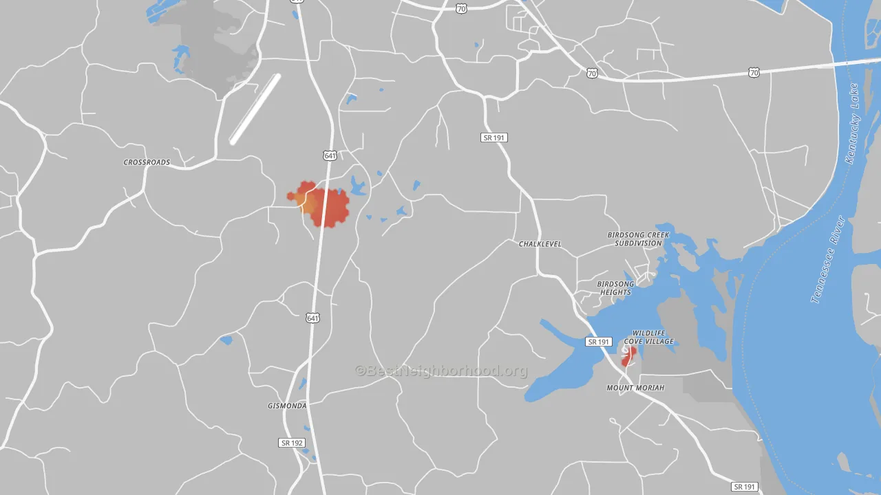 Walk Grade map of Chalklevel, TN, walkable areas in green and car-dependent areas in red