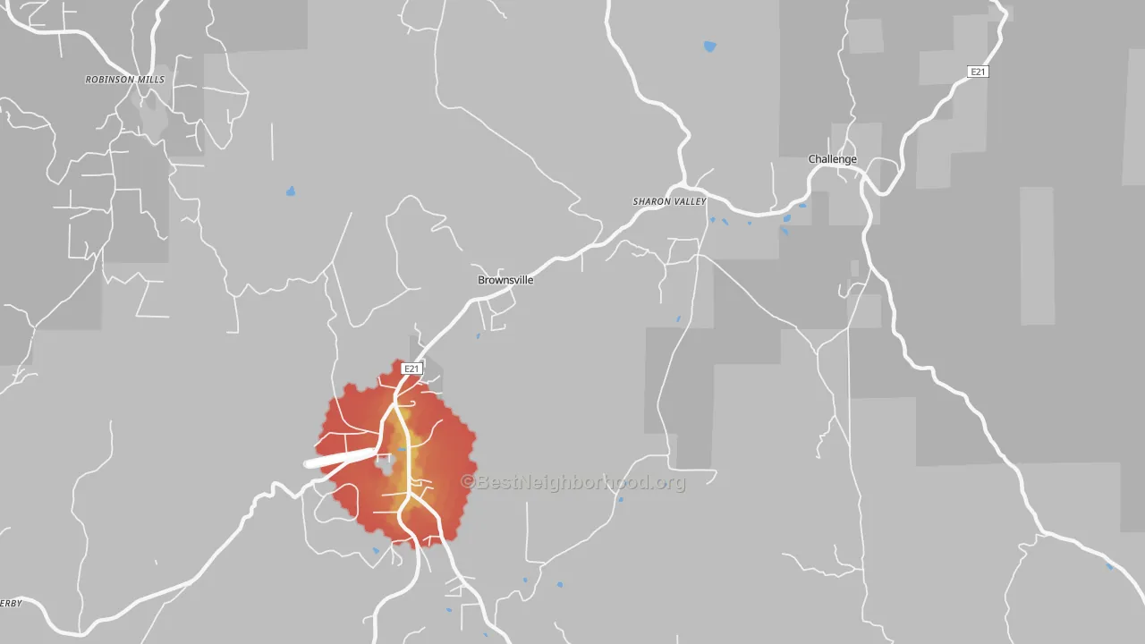 Walk Grade map of Challenge-Brownsville, CA, walkable areas in green and car-dependent areas in red