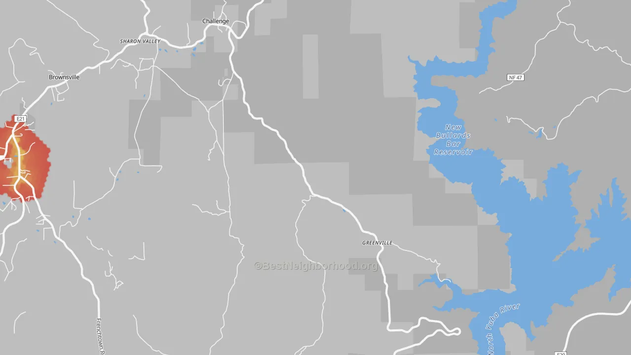 Walk Grade map of Challenge, CA, walkable areas in green and car-dependent areas in red