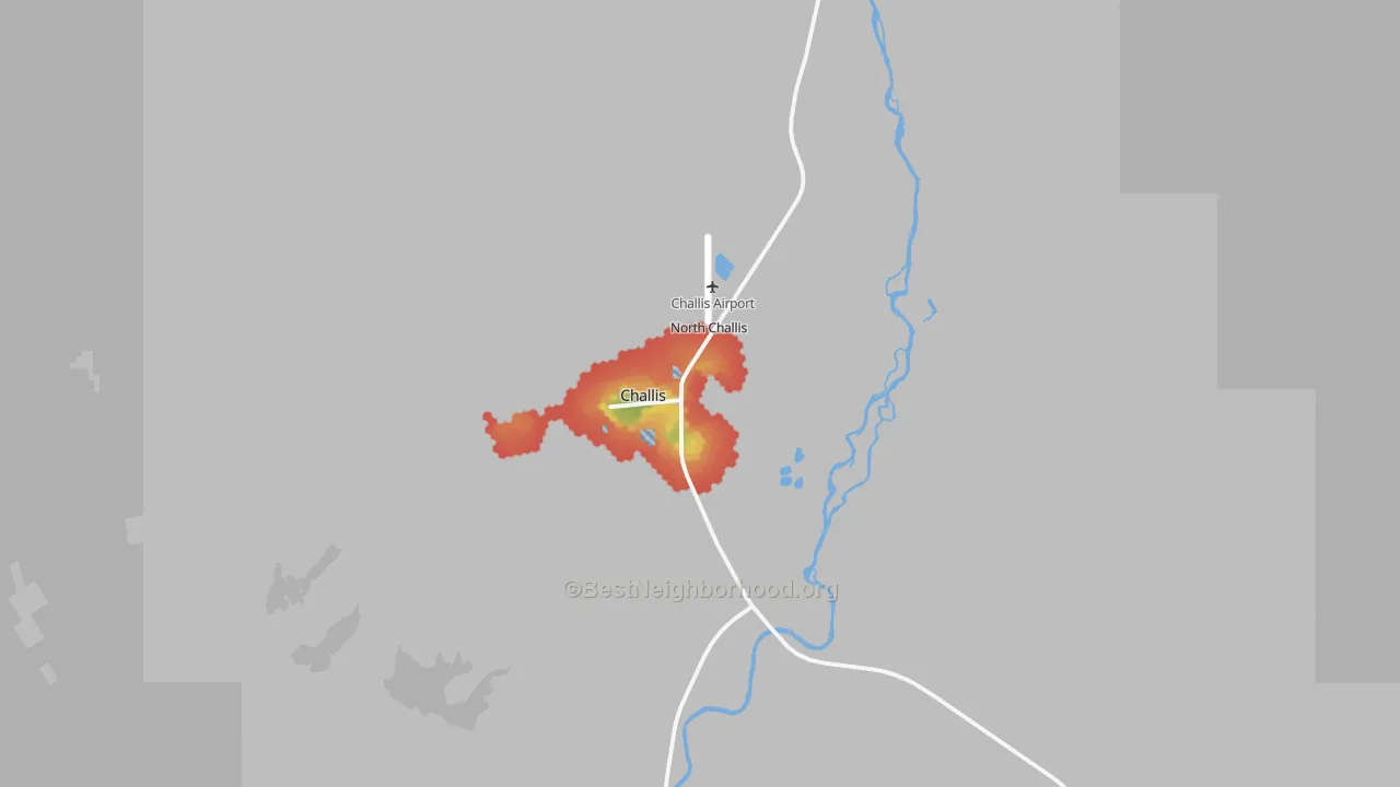 Walk Grade map of Challis, ID, walkable areas in green and car-dependent areas in red