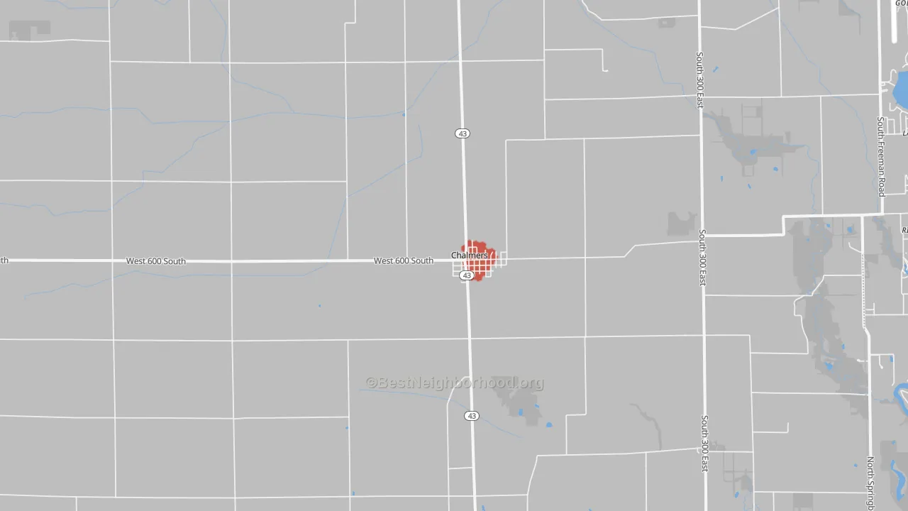 Walk Grade map of Chalmers, IN, walkable areas in green and car-dependent areas in red