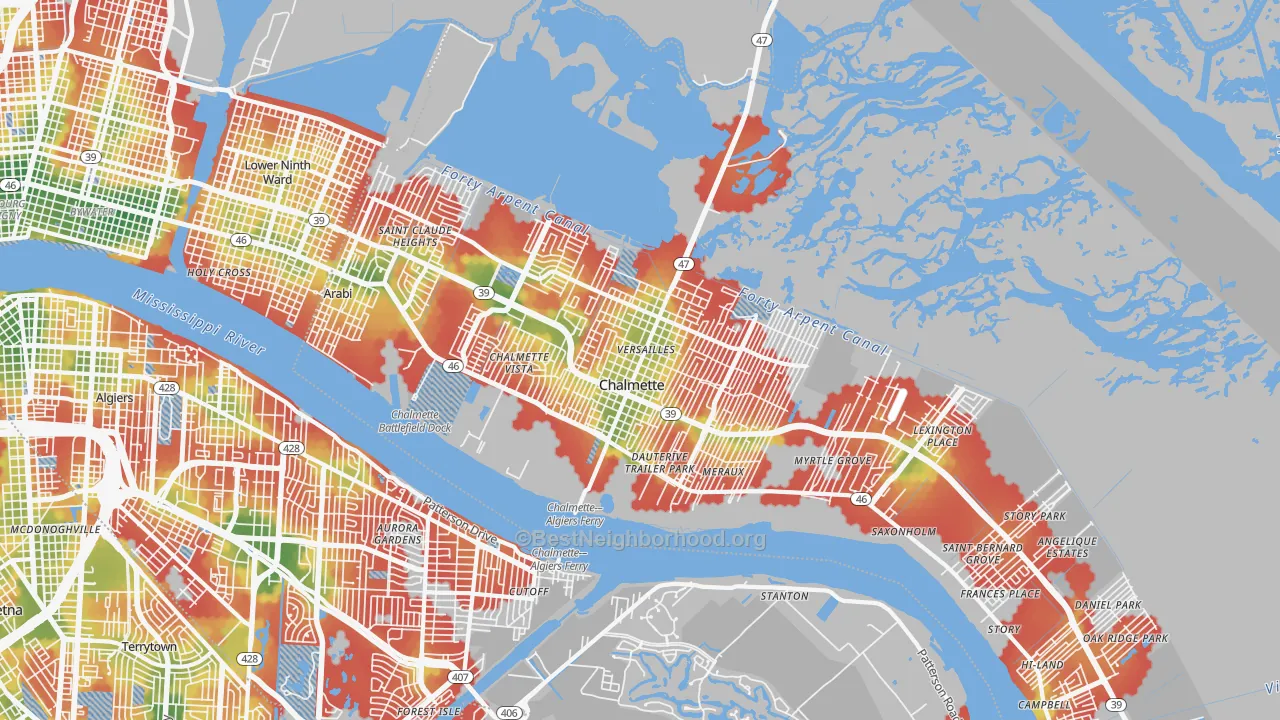 Walk Grade map of Chalmette, LA, walkable areas in green and car-dependent areas in red