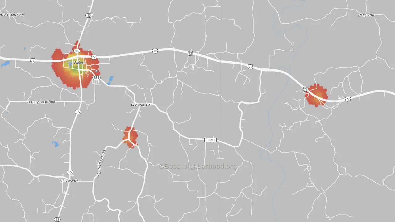 Walk Grade map of Chalybeate, MS, walkable areas in green and car-dependent areas in red
