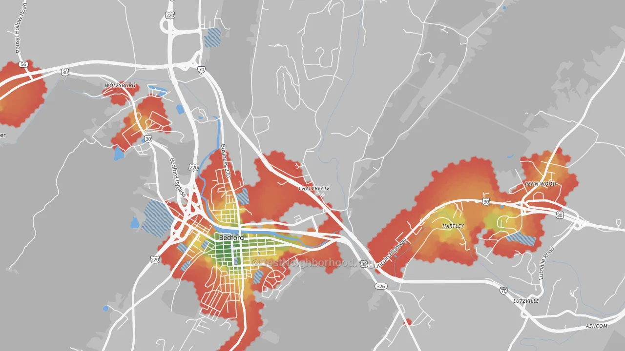 Walk Grade map of Chalybeate, PA, walkable areas in green and car-dependent areas in red