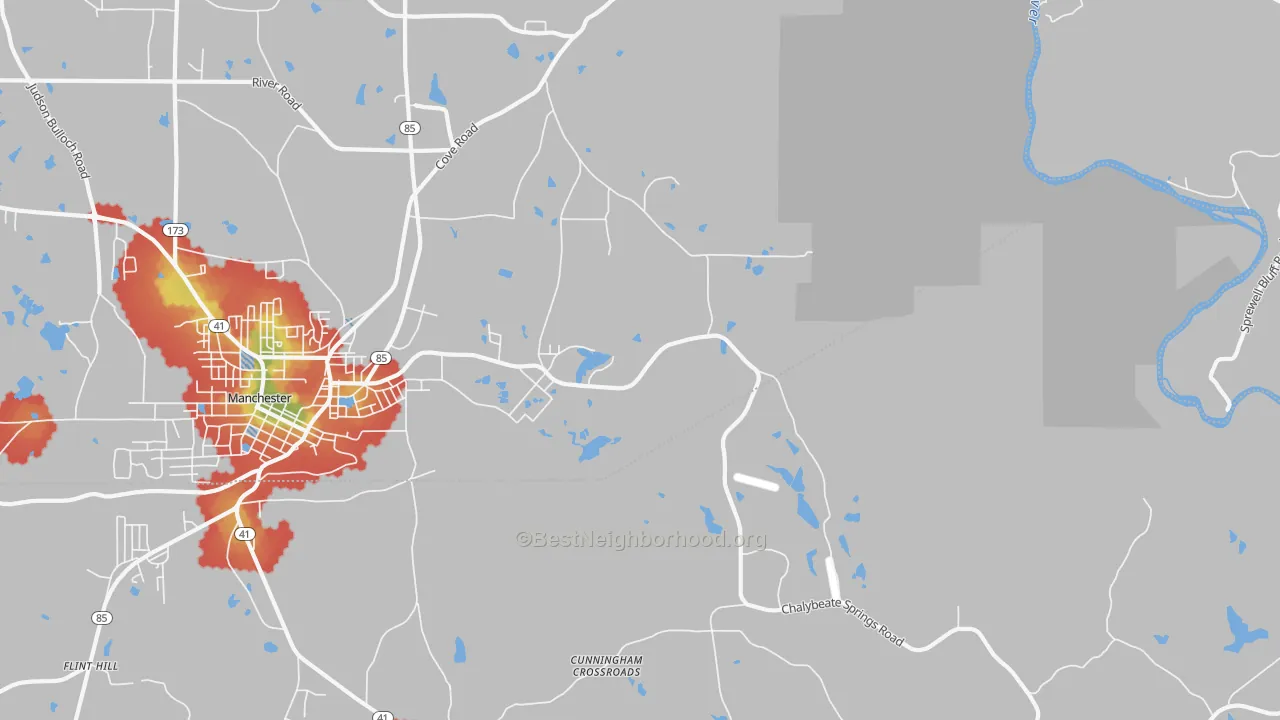 Walk Grade map of Chalybeate Springs, GA, walkable areas in green and car-dependent areas in red