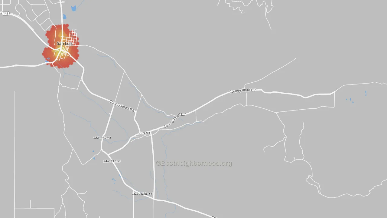 Walk Grade map of Chama, CO, walkable areas in green and car-dependent areas in red