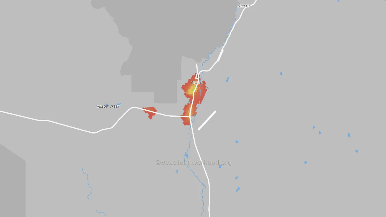 Walk Grade map of Chama, NM, walkable areas in green and car-dependent areas in red