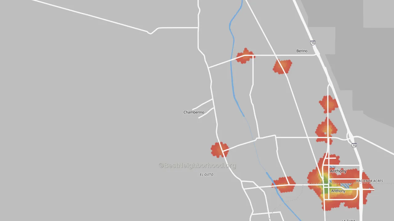 Walk Grade map of Chamberino, NM, walkable areas in green and car-dependent areas in red