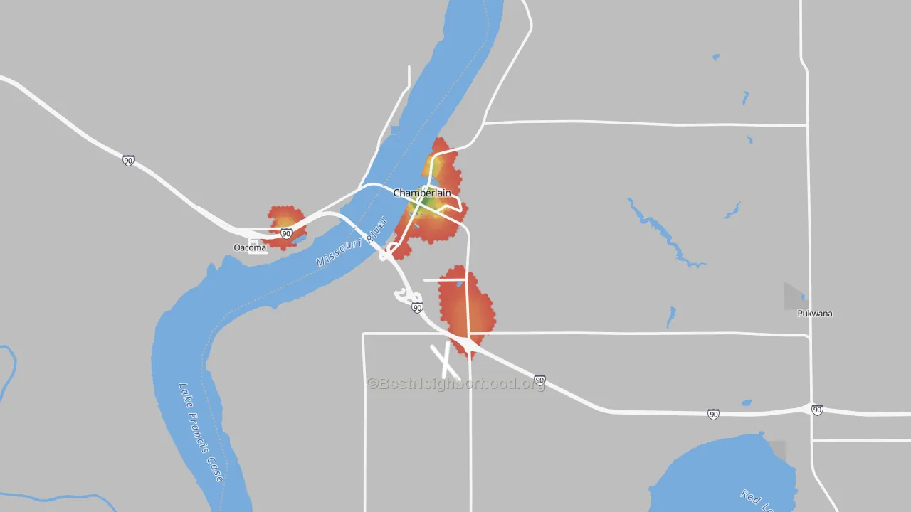 Walk Grade map of Chamberlain, SD, walkable areas in green and car-dependent areas in red