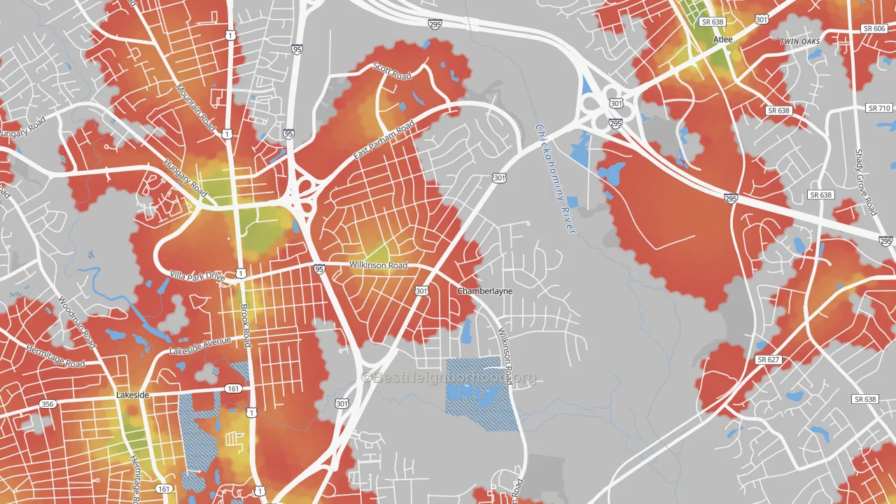 Walk Grade map of Chamberlayne, VA, walkable areas in green and car-dependent areas in red
