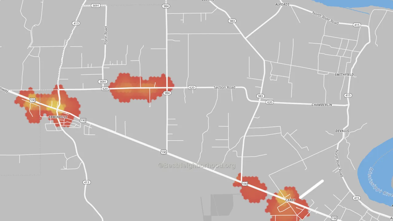 Walk Grade map of Chamberlin, LA, walkable areas in green and car-dependent areas in red