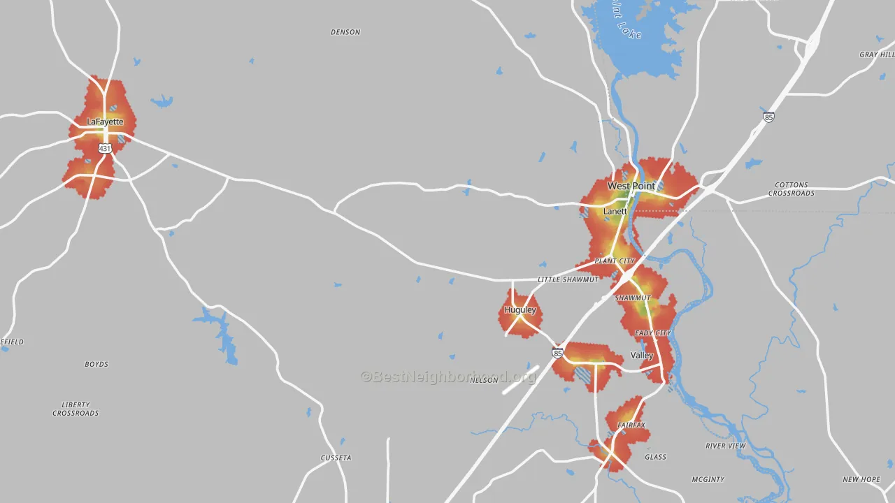 Walk Grade map of Chambers County, AL, walkable areas in green and car-dependent areas in red