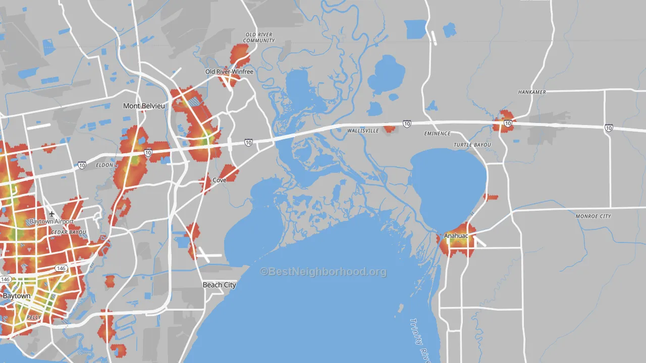 Walk Grade map of Chambers County, TX, walkable areas in green and car-dependent areas in red