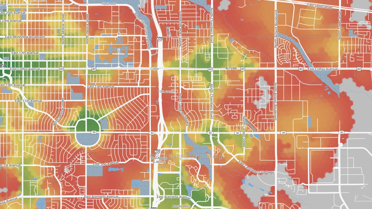 Walk Grade map of Chambers Heights, Aurora, CO, walkable areas in green and car-dependent areas in red