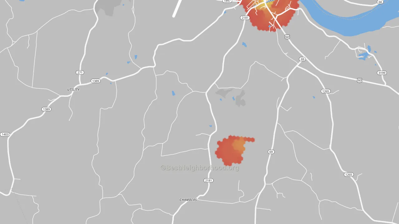 Walk Grade map of Chambers, KY, walkable areas in green and car-dependent areas in red