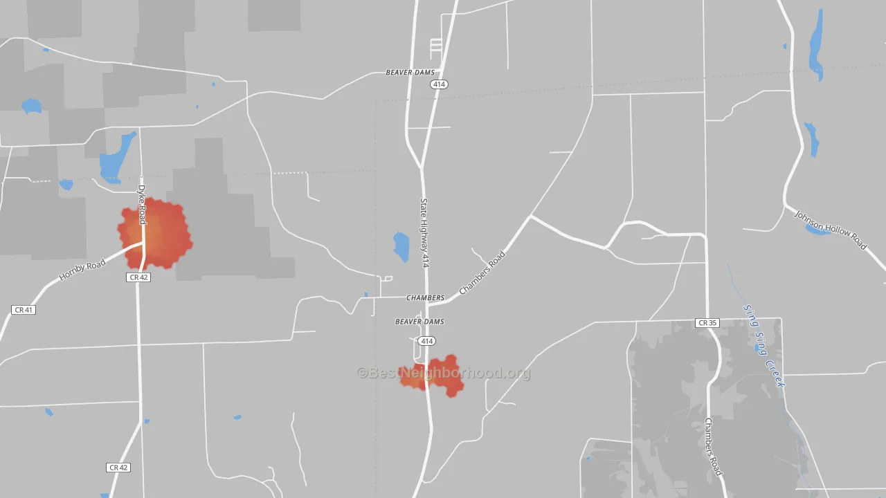 Walk Grade map of Chambers, NY, walkable areas in green and car-dependent areas in red