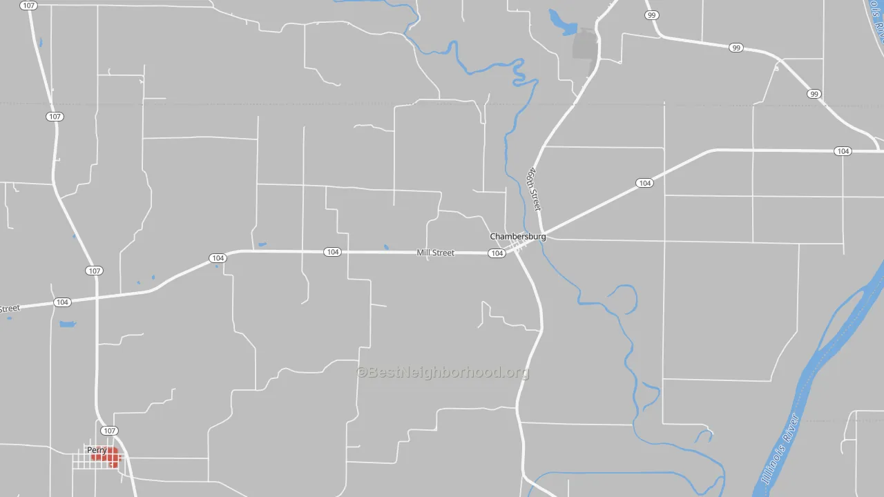Walk Grade map of Chambersburg, IL, walkable areas in green and car-dependent areas in red