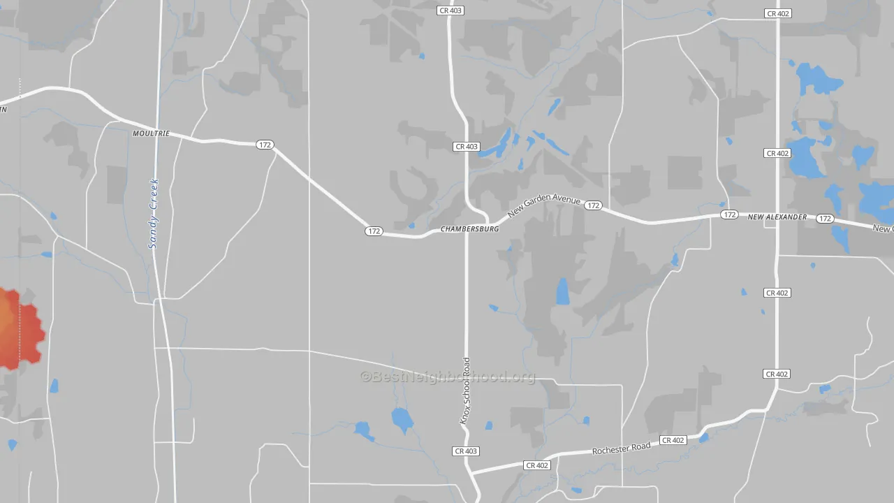 Walk Grade map of Chambersburg, OH, walkable areas in green and car-dependent areas in red