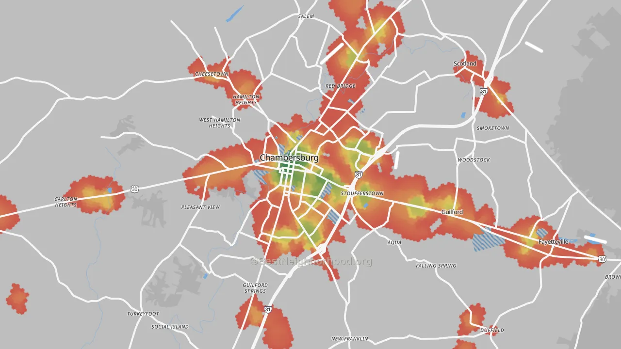 Walk Grade map of Chambersburg, PA, walkable areas in green and car-dependent areas in red